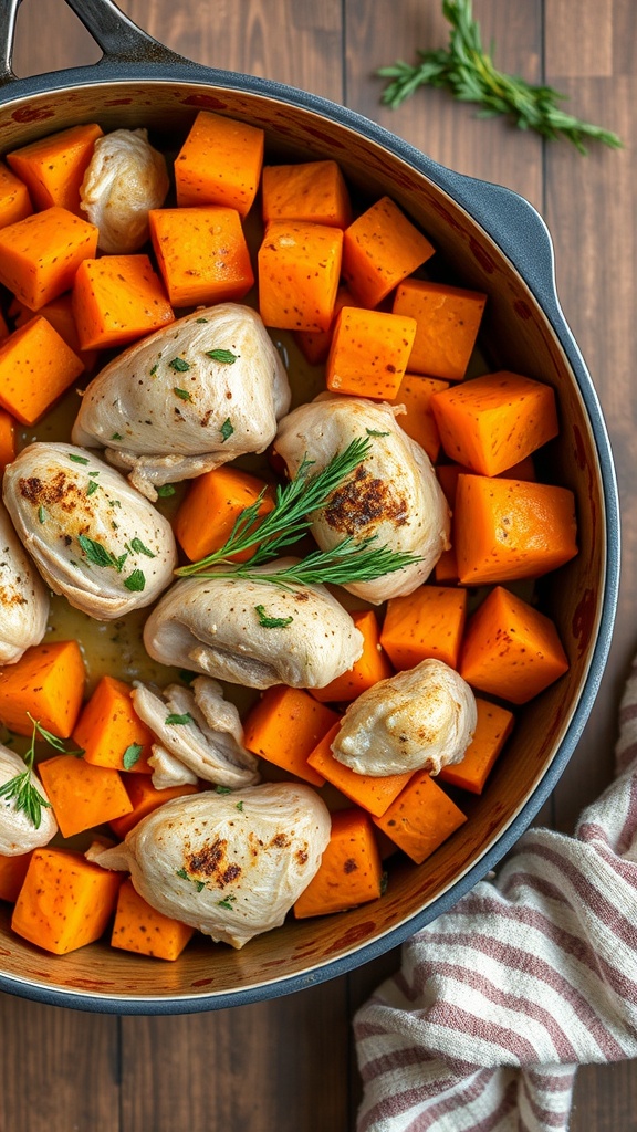 A skillet filled with turkey and sweet potato chunks