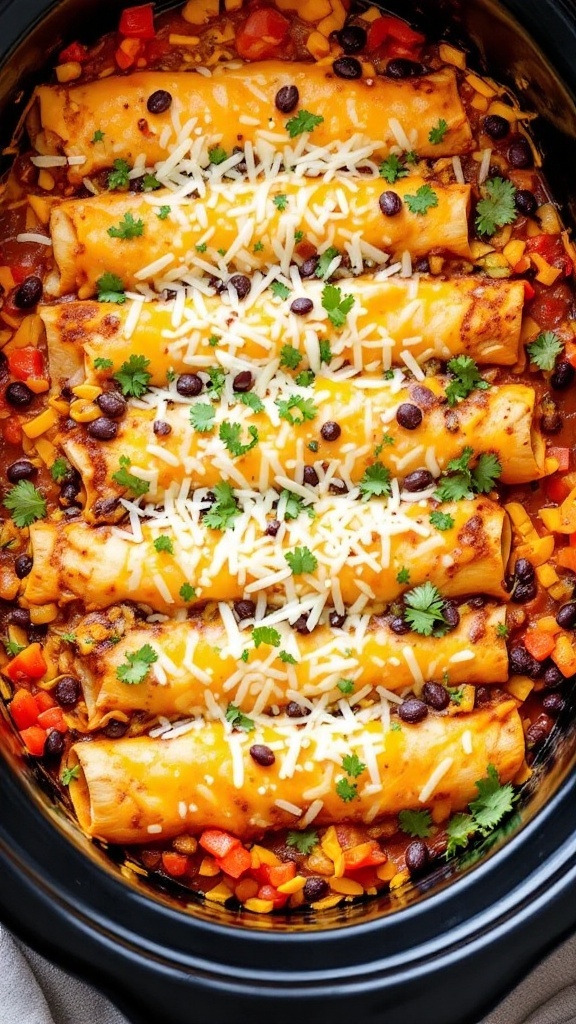Vegetable and black bean enchiladas with cheese and garnished with cilantro in a slow cooker.