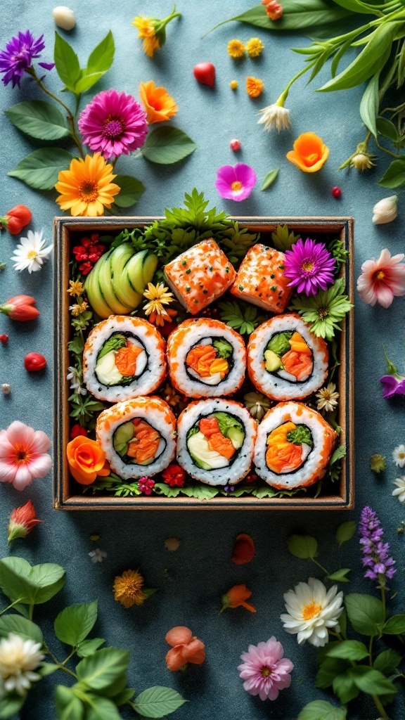 A bento box featuring vibrant rainbow sushi rolls with colorful vegetables and flowers.