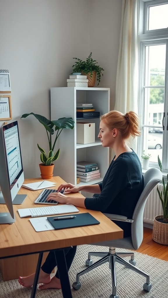 A woman working at her home office desk, focused on her computer with plants in the background.