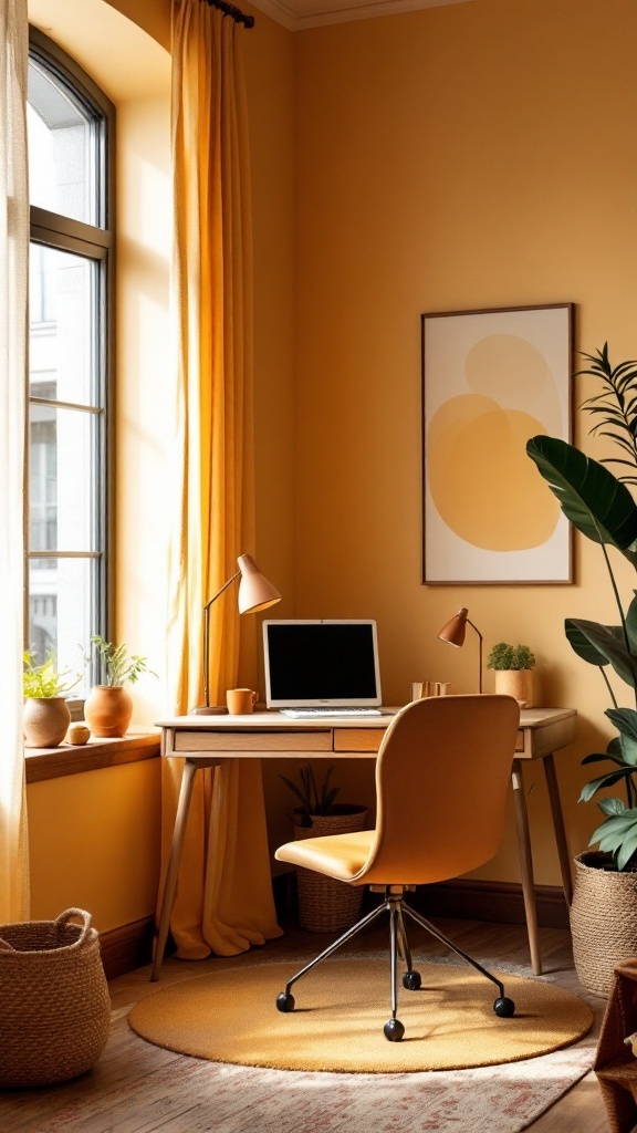 Cozy home office with warm color palette featuring yellow curtains and a wooden desk.