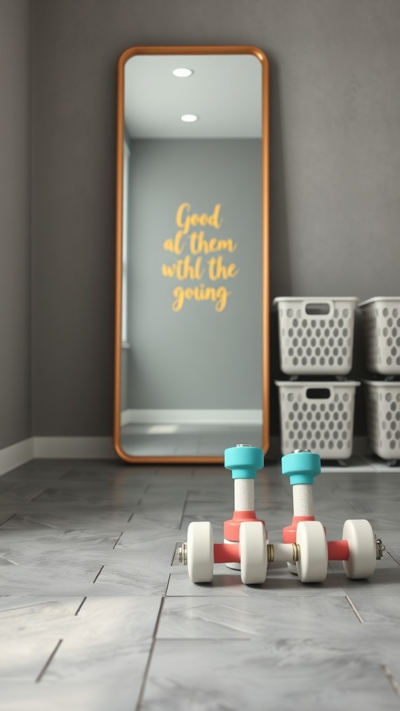A home weights station featuring colorful dumbbells, a motivational mirror, and neat storage baskets.