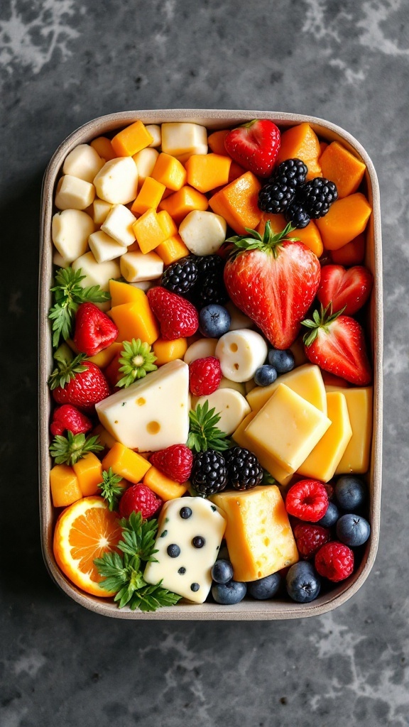 A vibrant bento box filled with various fruits, cheese cubes, and berries.