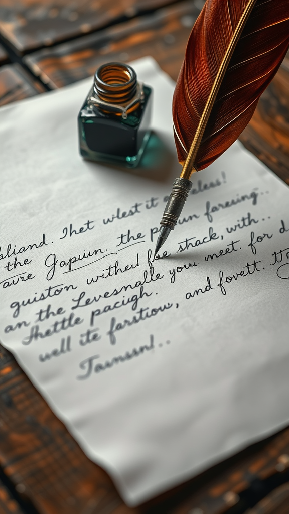 A feather quill rests on a handwritten love letter, evoking a sense of personal reflection.