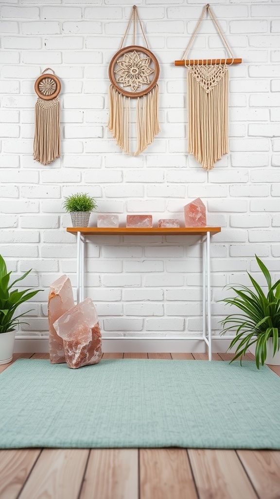 A serene yoga flow space with a mint green mat, macrame wall hangings, salt crystals on a shelf, and plants.
