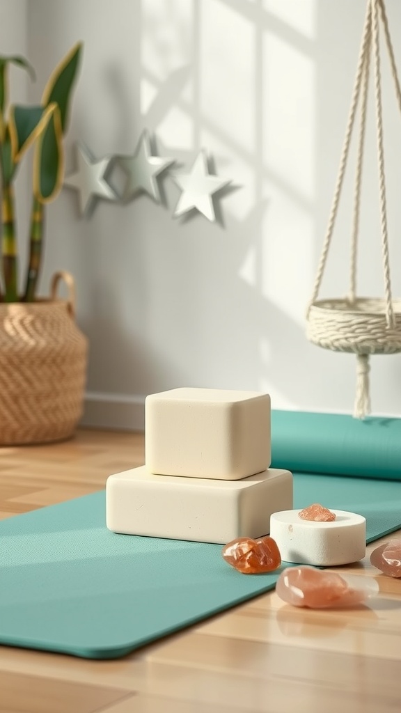 A serene yoga props corner featuring yoga blocks and crystals on a green mat, with soft sunlight illuminating the space.