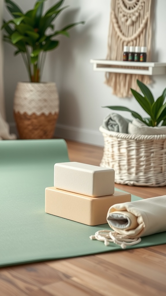 A peaceful yoga space featuring a green mat, yoga blocks, plants, and decorative elements.
