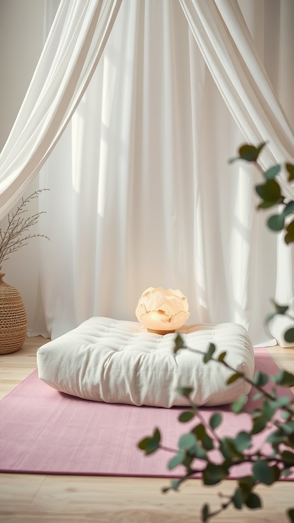 Cozy Zen area with a white cushion, glowing lamp, pink mat, and plant