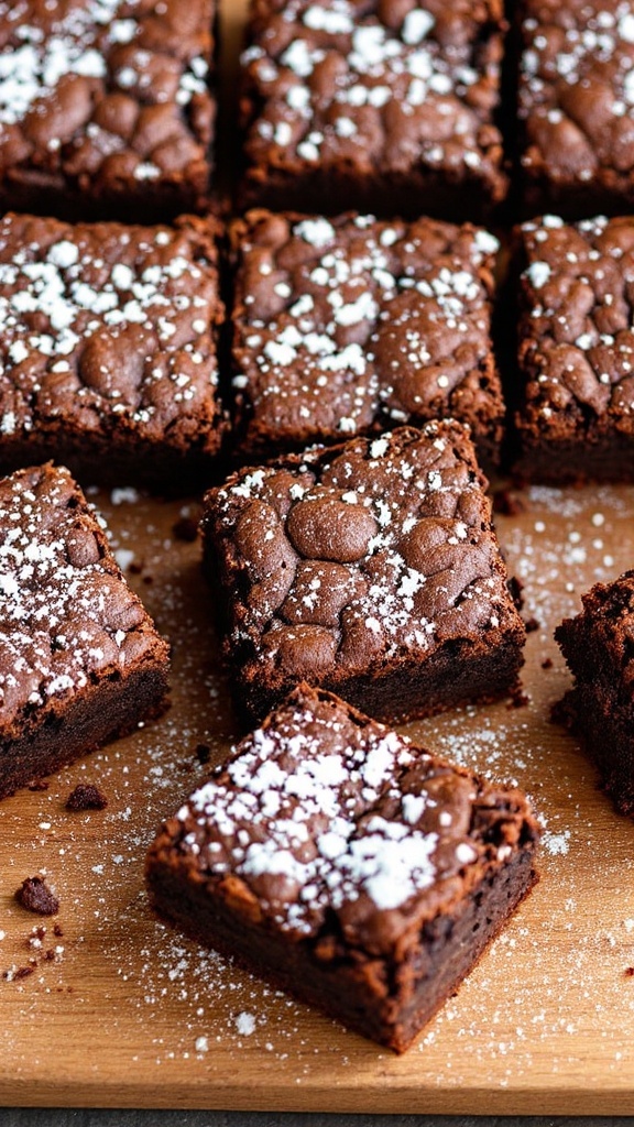 Delicious zucchini brownies cut into squares and topped with powdered sugar.