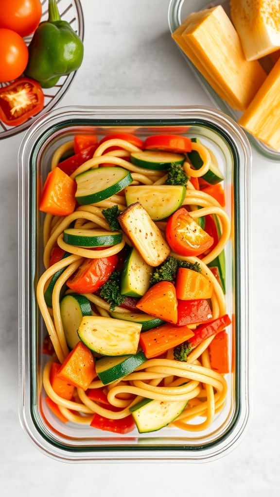 A colorful zucchini noodle stir-fry with various vegetables in a glass meal prep container.