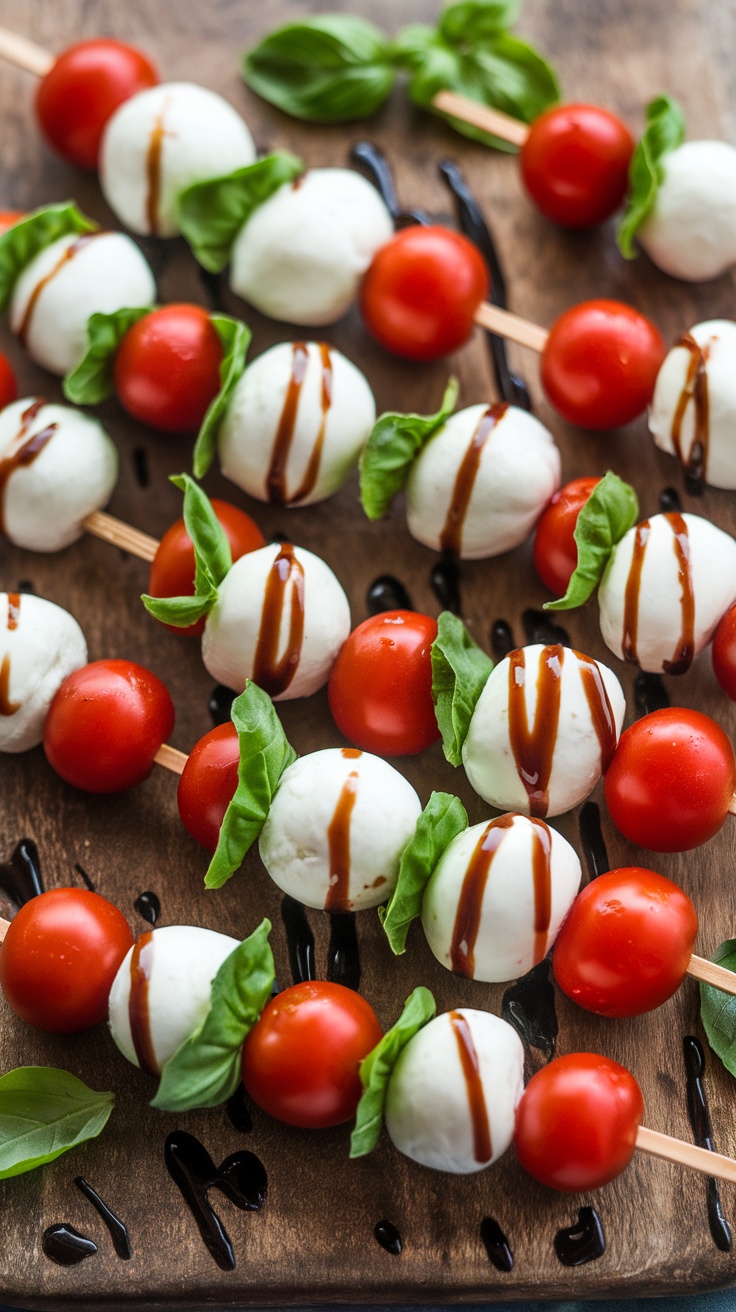 Mini Caprese Skewers with cherry tomatoes, mozzarella, basil, and balsamic glaze on a wooden platter.