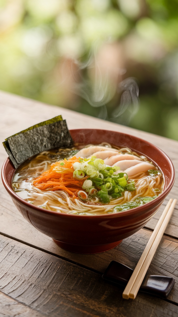 A bowl of saimin noodle soup with noodles, green onions, and garnishes on a wooden table with chopsticks.