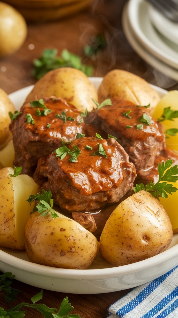 Slow cooker garlic butter beef bites with potatoes garnished with parsley in a warm setting.