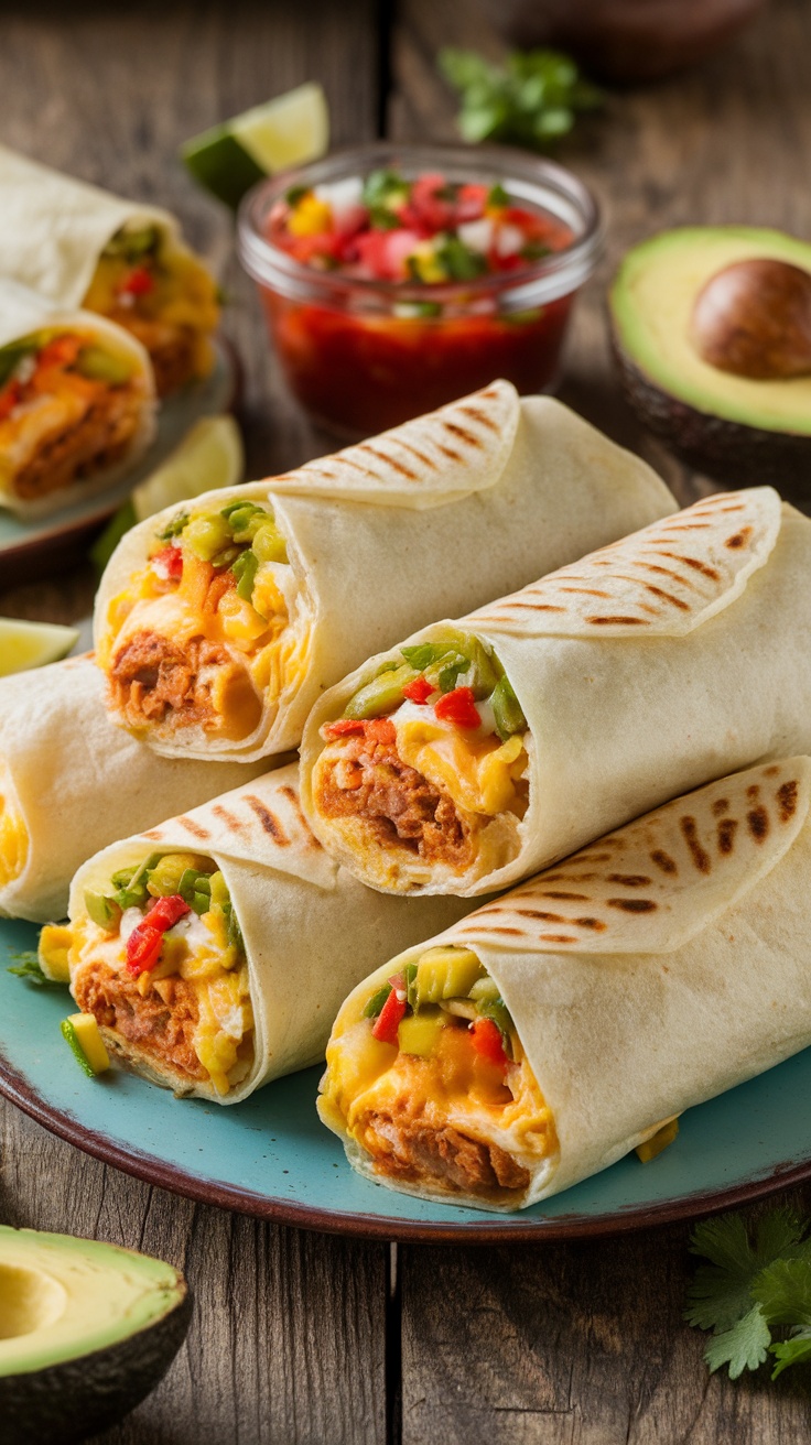 Homemade breakfast burritos on a wooden table, filled with eggs, cheese, and vegetables, served with salsa and avocado.