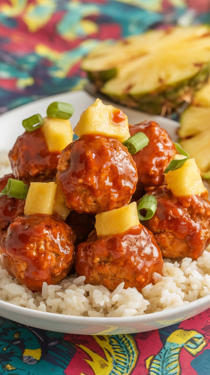 Sweet and spicy meatballs with pineapple on a plate, garnished with green onions and served over rice.