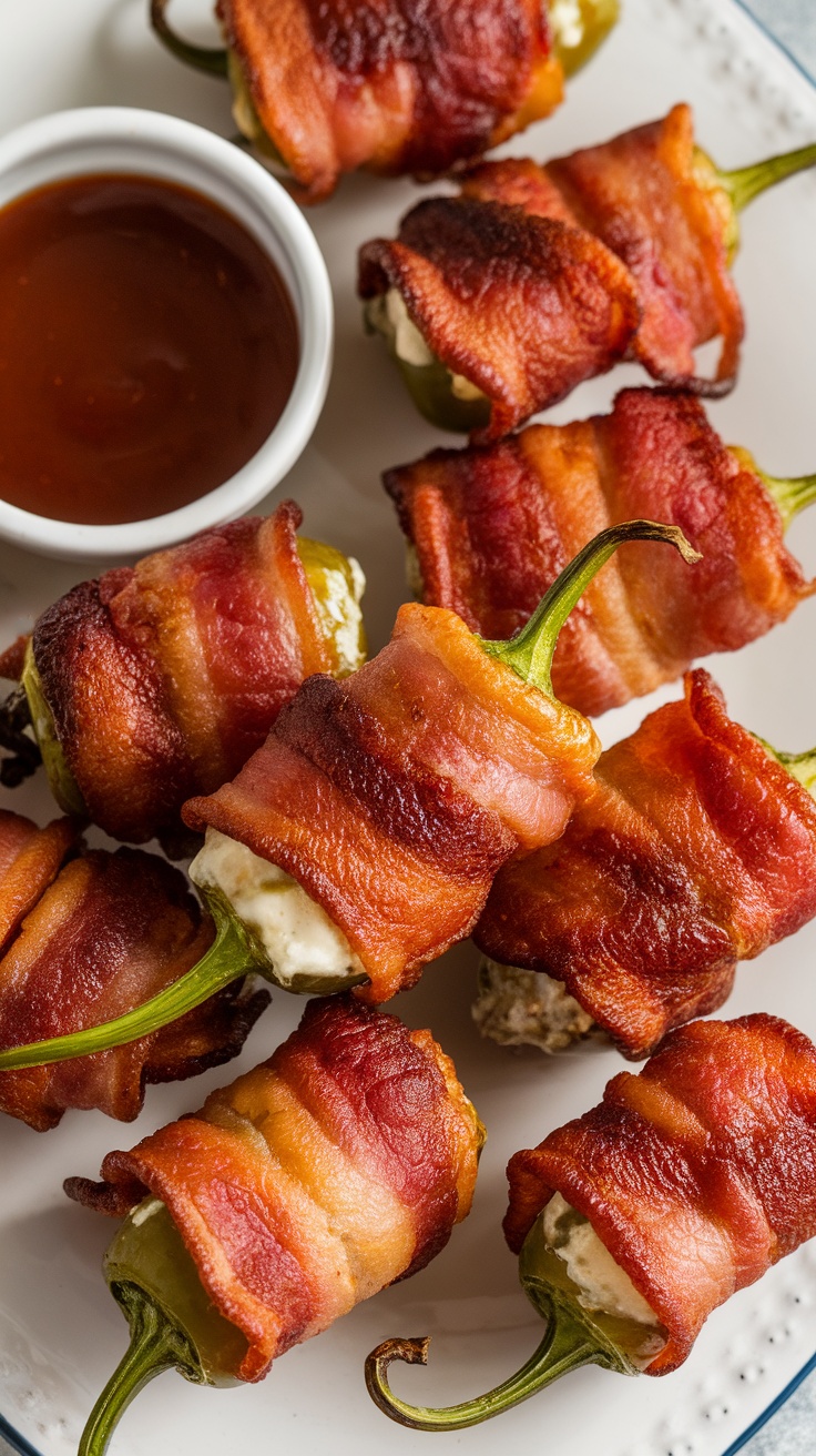 A platter of crispy bacon-wrapped jalapeño poppers with cheese filling and BBQ sauce.