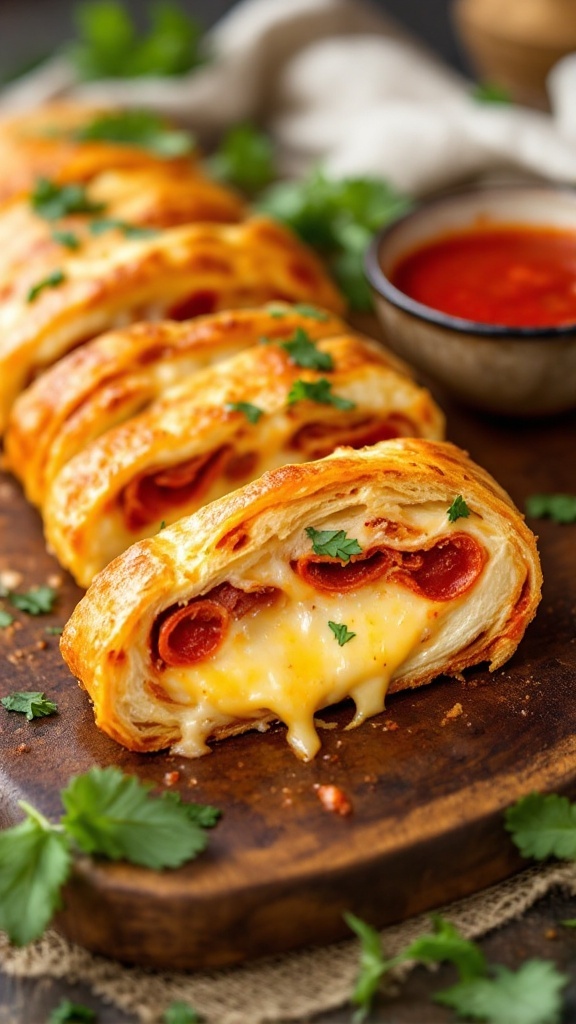 Sliced Cheesy Pepperoni Stromboli on a wooden board with marinara sauce, showcasing melted cheese and pepperoni inside.