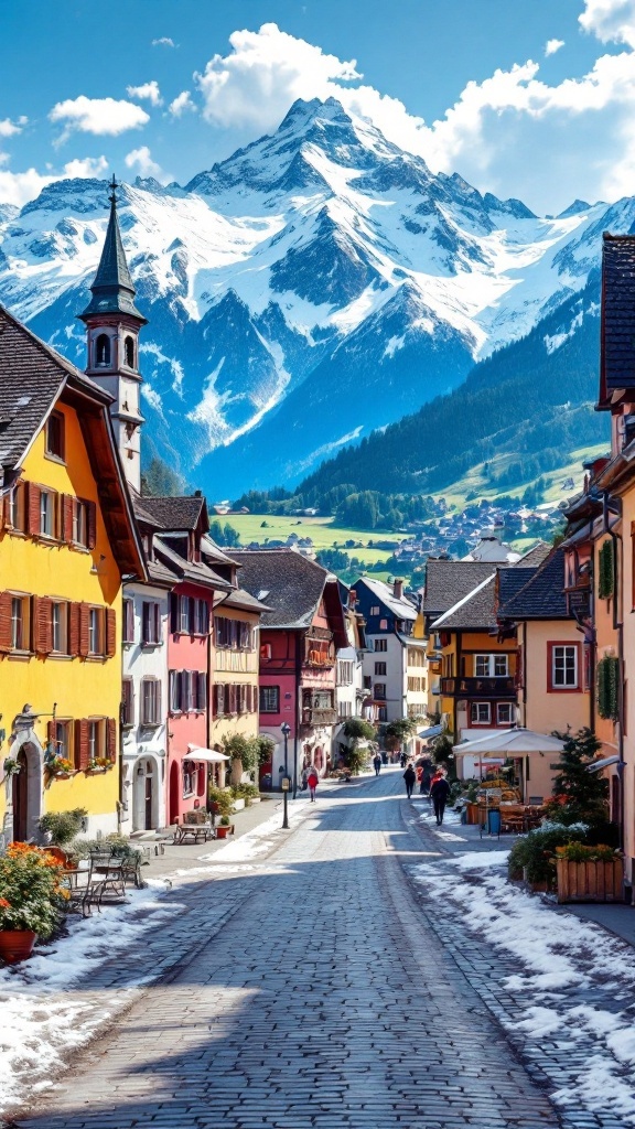 A picturesque view of Appenzell with colorful buildings and snow-capped mountains in the background.