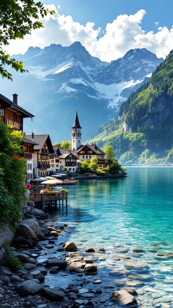 Scenic view of Brienz village by Lake Brienz with mountains in the background