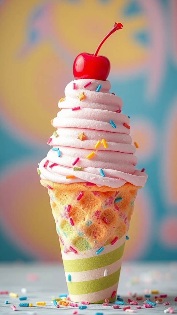 A colorful bubblegum ice cream cone topped with a cherry and sprinkles.