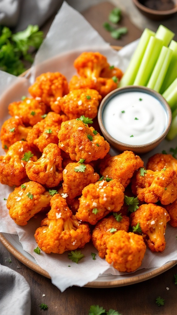 Buffalo cauliflower bites served with ranch dressing and celery sticks on a platter.