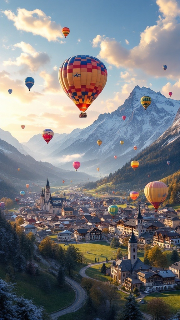 Colorful hot air balloons over the village of Château-d'Oex in the Swiss Alps