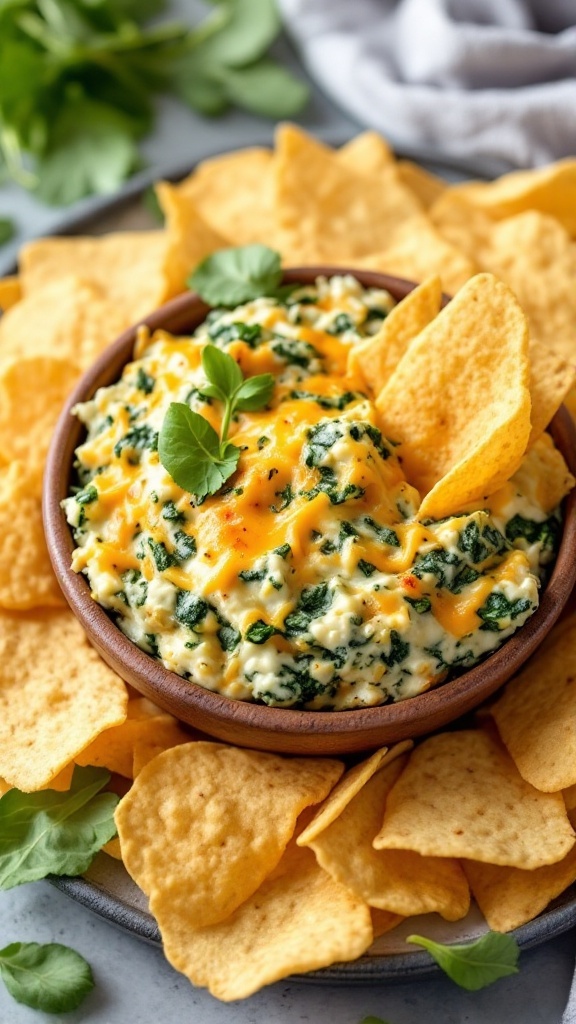 A bowl of cheesy spinach artichoke dip surrounded by tortilla chips.