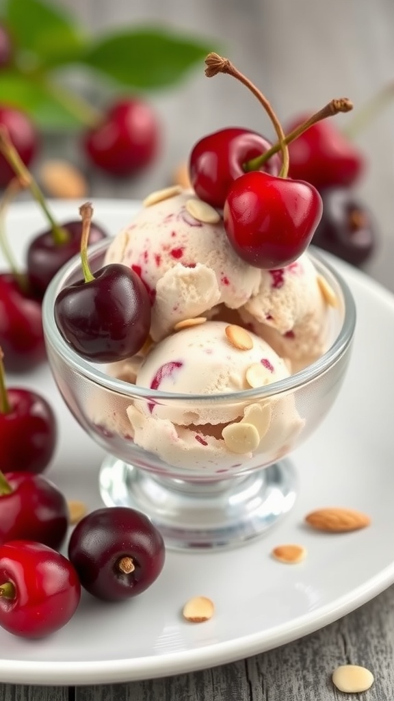 A bowl of cherry almond ice cream topped with fresh cherries and almonds.