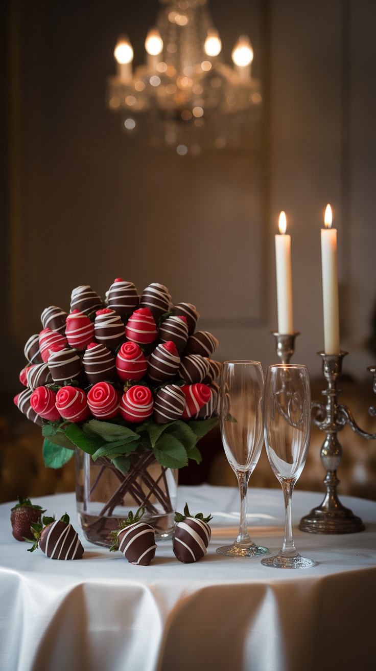 A bouquet of chocolate-covered strawberry roses arranged beautifully.