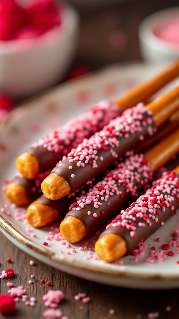 Delicious chocolate-dipped pretzel rods decorated with colorful sprinkles