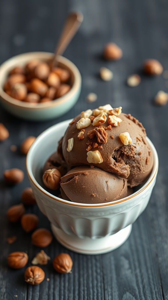 A bowl of chocolate hazelnut ice cream topped with chopped hazelnuts.