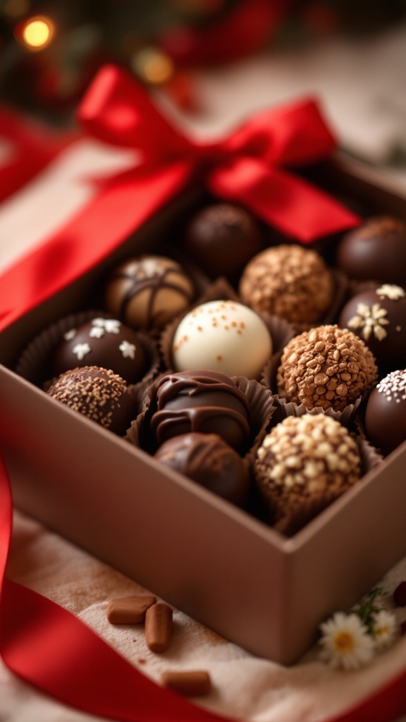 A beautifully arranged box of assorted chocolate truffles with a red ribbon.