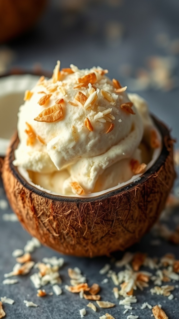 A delicious scoop of coconut cream ice cream topped with toasted coconut flakes.