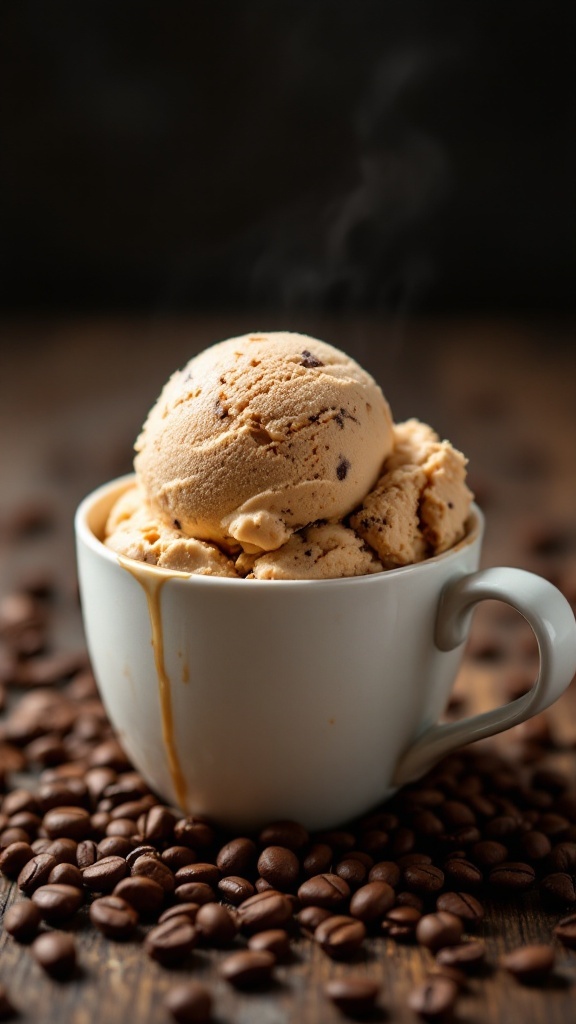 A delicious scoop of coffee espresso ice cream topped with coffee beans and syrup.