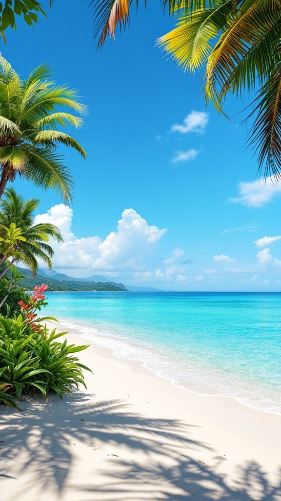 Crescent Beach in Tobago with white sand, turquoise water, and palm trees
