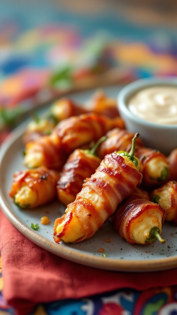 A plate of crispy bacon-wrapped jalapeño poppers with a dipping sauce.