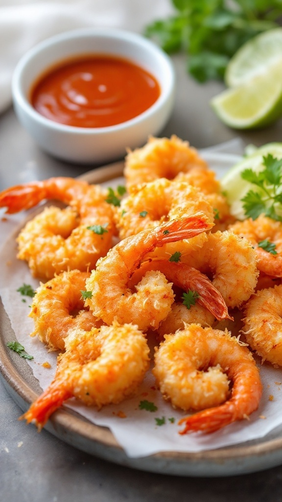 A plate of crispy coconut shrimp with a bowl of sweet chili sauce and lime slices, garnished with cilantro.