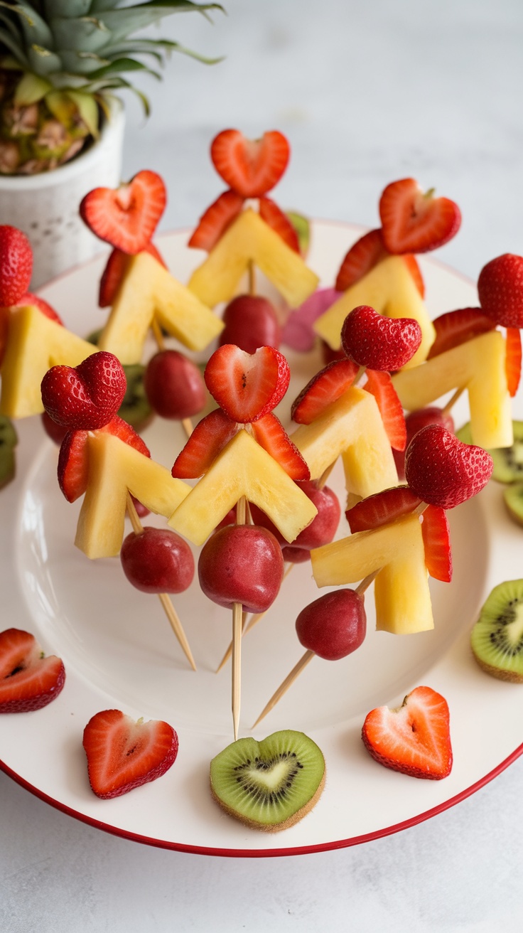 Fruit skewers shaped like hearts with various fruits such as strawberries, watermelon, and pineapple.