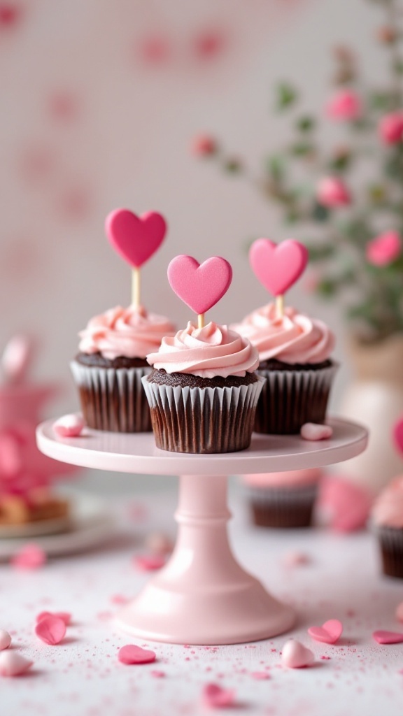 Cupid's Kiss Cupcakes with pink frosting and heart decorations