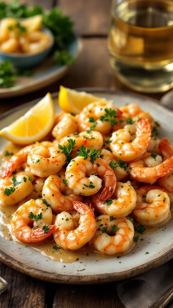 Creamy garlic shrimp garnished with parsley and lemon wedges on a rustic table.