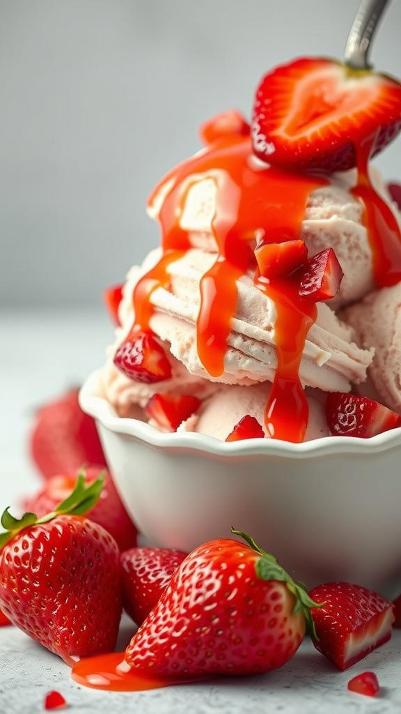 Bowl of fresh strawberry ice cream topped with strawberry sauce and fresh strawberries