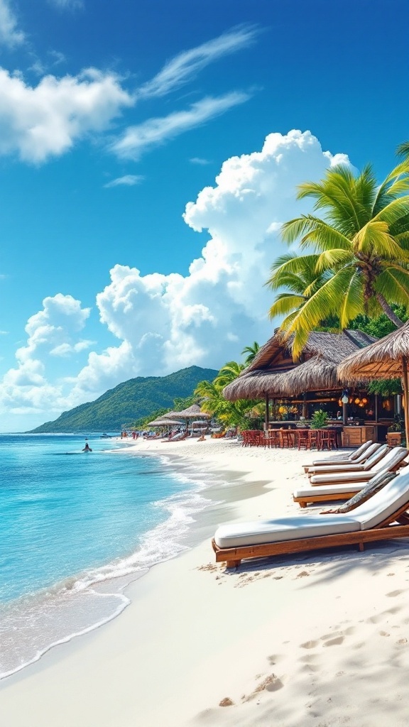 Frigate Bay beach in St. Kitts with lounge chairs, palm trees, and clear blue waters