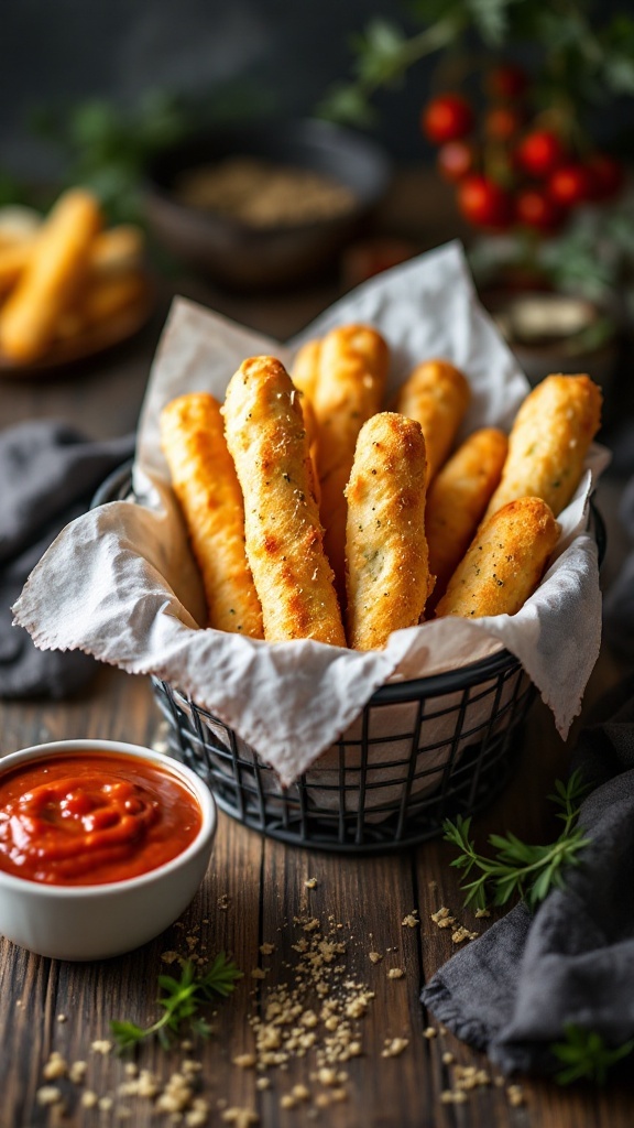 A basket of golden garlic Parmesan breadsticks with a side of marinara sauce on a wooden table