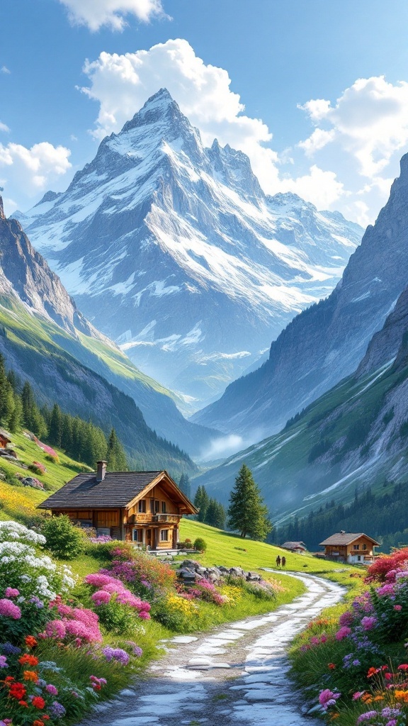 A scenic view of Gimmelwald with wooden chalets, blooming flowers, and mountains in the background.