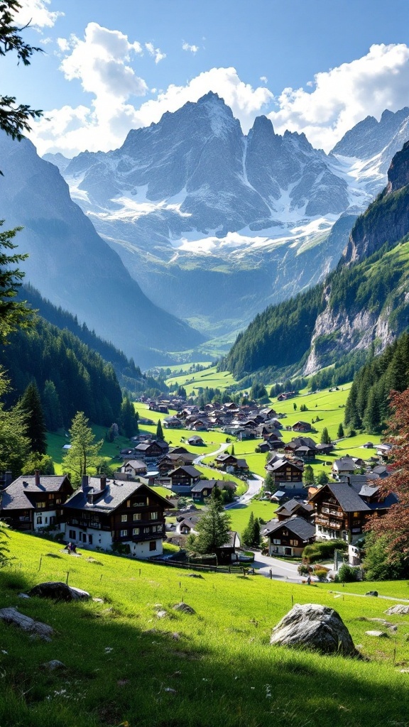 A picturesque view of Grindelwald village surrounded by mountains and greenery.