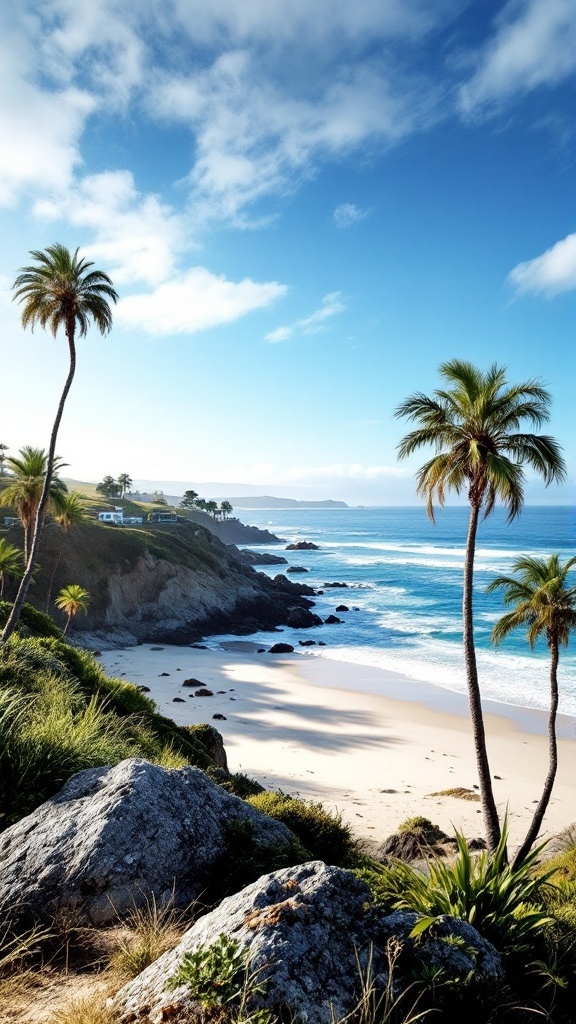 Scenic view of Half Moon Bay in Antigua with palm trees, rocky coastline, and clear blue water