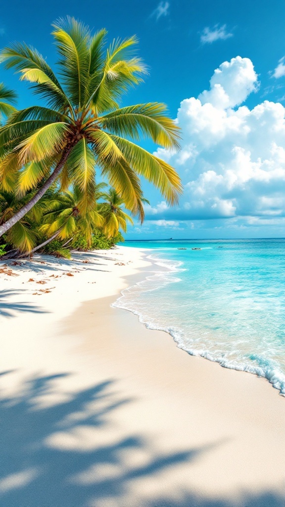 A beautiful view of Half Moon Cay, Bahamas, showcasing white sand beaches, palm trees, and turquoise waters.