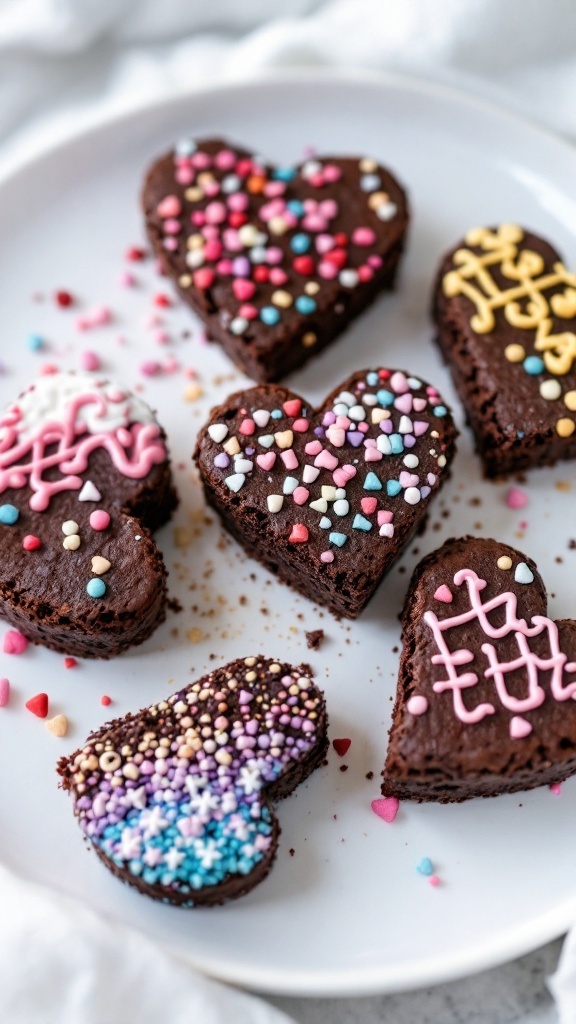 Heart-shaped brownies decorated with colorful icing and sprinkles