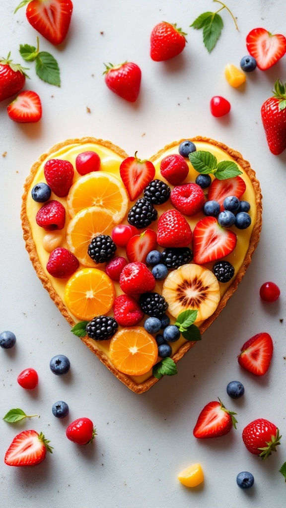 A heart-shaped fruit tart topped with a variety of fresh fruits.