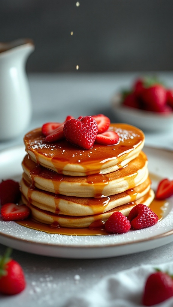 Heart-shaped pancakes stacked with maple syrup and topped with strawberries